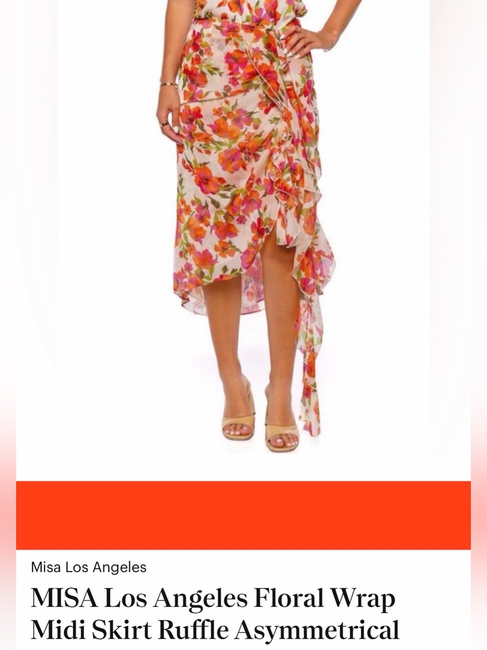 NWT Misa Los Angeles Floral Wrap Asymmetrical Ruffle Midi Skirt Coral/Pink, XS